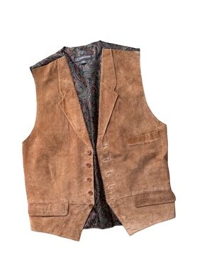 VTG CC Courtenay Men Large Brown Suede Vest With Button Closure & Paisley Lining